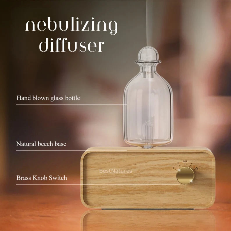 Essential Oils DIFFUSER NEBULIZER  - Hand blown glass bottle, natural birch wood base - Essential Oils NEBULIZER DIFFUSER - Waterless Super Quiet, Cordless, bedroom, family room, study or outdoors.
