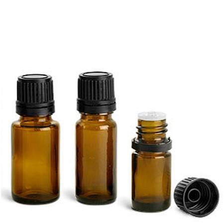 Amber Glass Bottle, Euro Dropper Bottle with Black Tamper Evident Cap and Orifice Reducer.