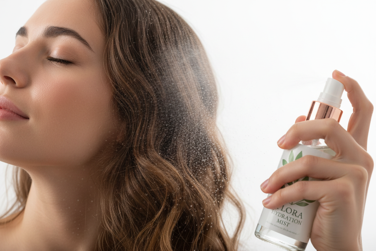 Women sprays natural botanic oil on hairs