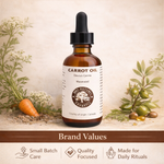 Bottle of  Best Natures Cosmetic carrot oil with botanical elements on a beige background