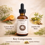 Bottle of carrot oil with key components labeled on a natural background