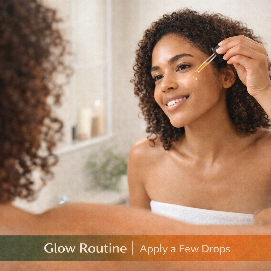 Woman applying skincare product with dropper in a bathroom setting