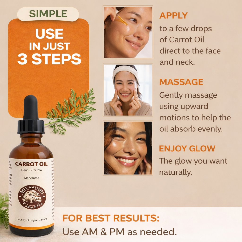 Carrot oil bottle with usage instructions on a beige background