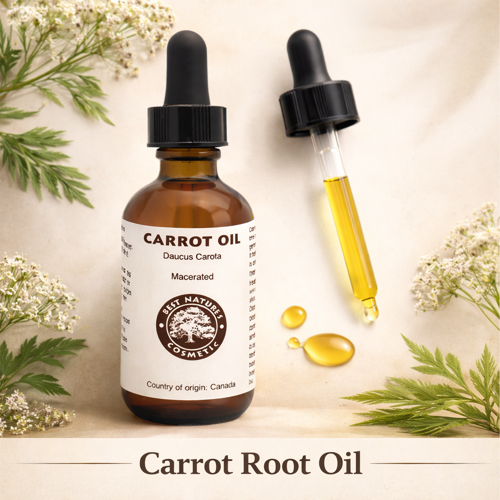 Bottle of carrot root oil with dropper and label on a natural background