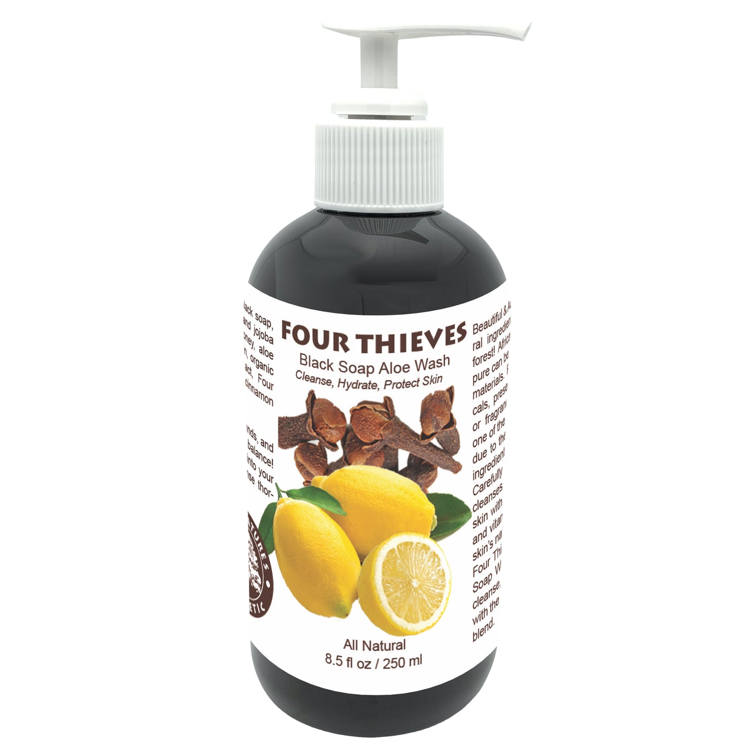 Four Thieves Organic Black Soap Aloe Face and Body Wash  to cleanse, hydrate, and protect the skin  8.5 fl oz / 250 ml