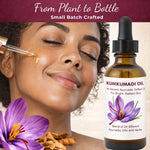 Kumkumadi oil bottle with a woman applying oil to her face and a purple flower.