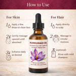 Bottle of Kumkumadi oil with usage instructions for skin and hair on a wooden background.