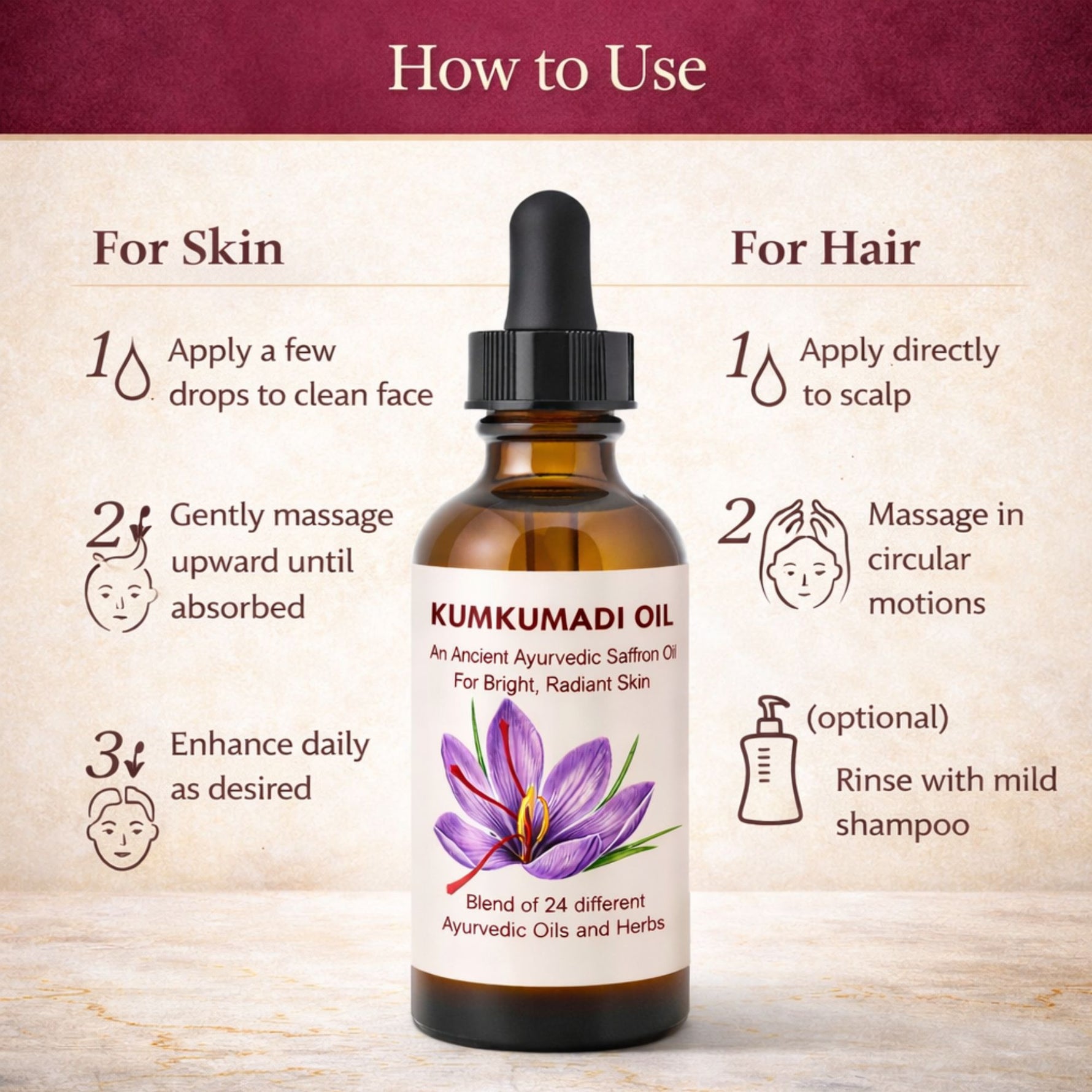 Bottle of Kumkumadi oil with usage instructions for skin and hair on a wooden background.