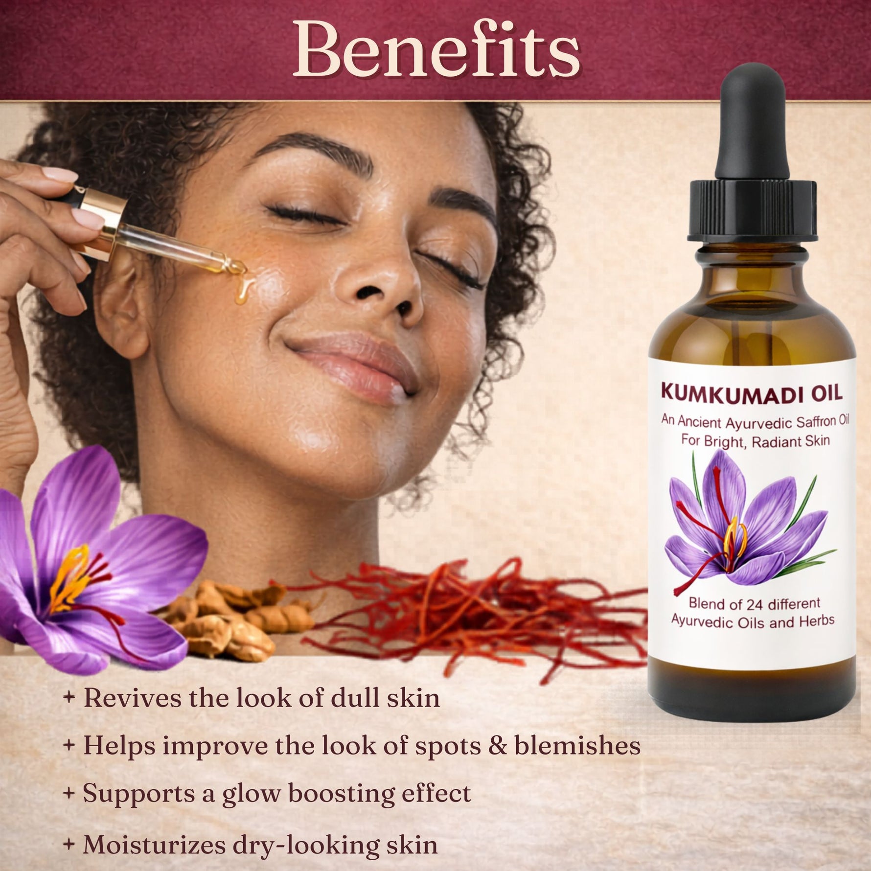 Kumkumadi oil bottle with a woman applying it to her face and a purple flower in the background.