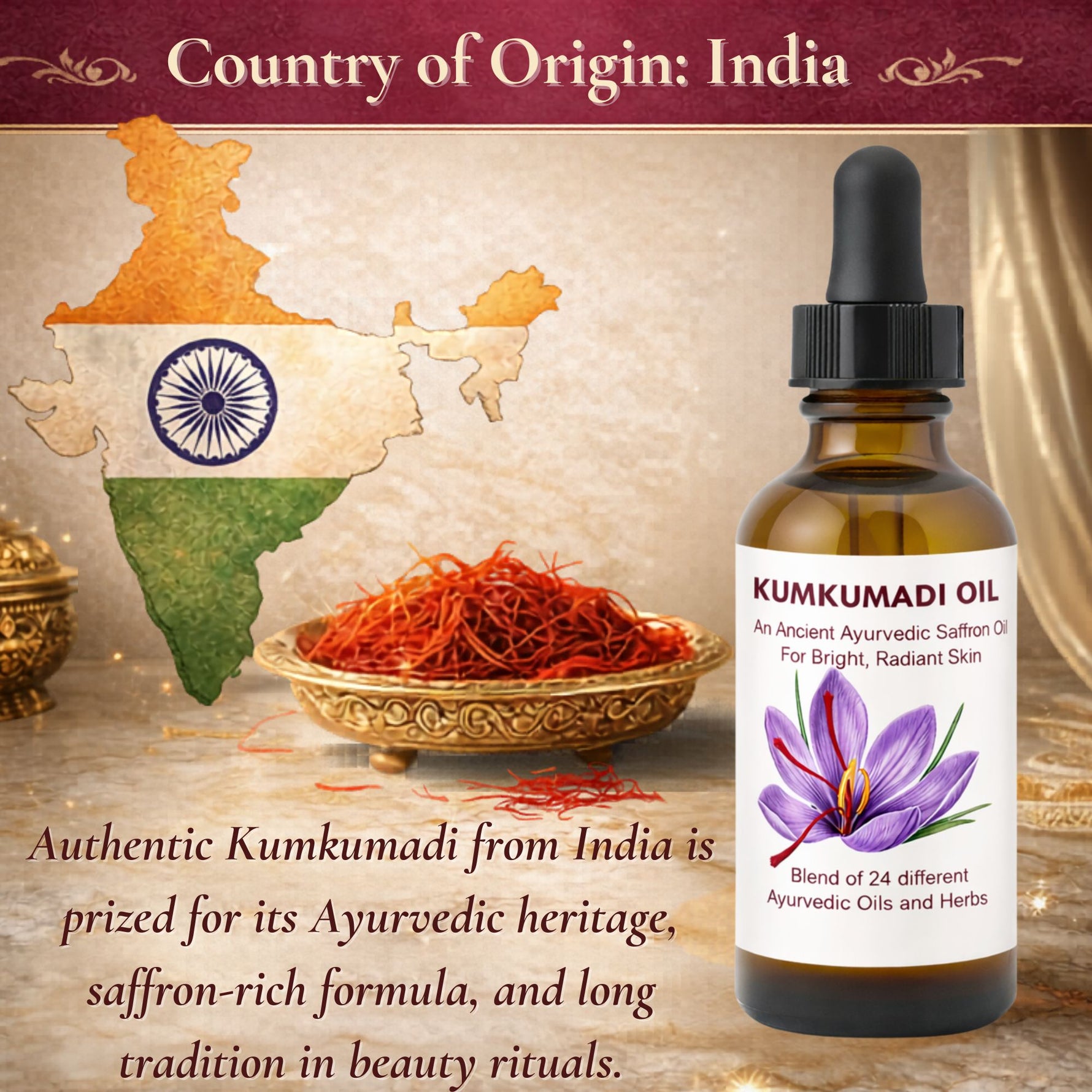 Bottle of Kumkumadi oil with a map of India and saffron on a wooden surface.