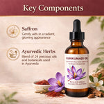 Kumkumadi oil bottle with saffron and flowers on a wooden surface