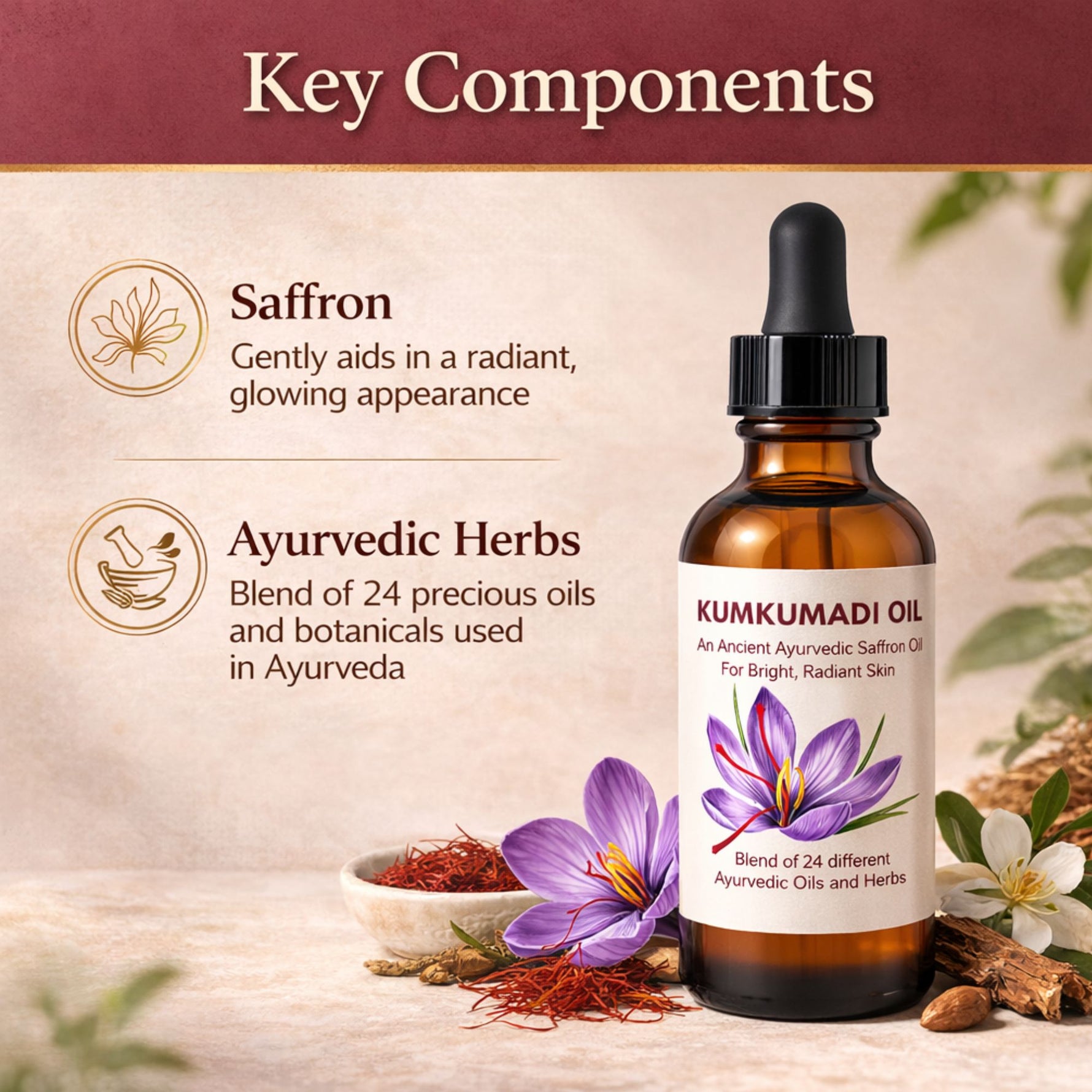 Kumkumadi oil bottle with saffron and flowers on a wooden surface