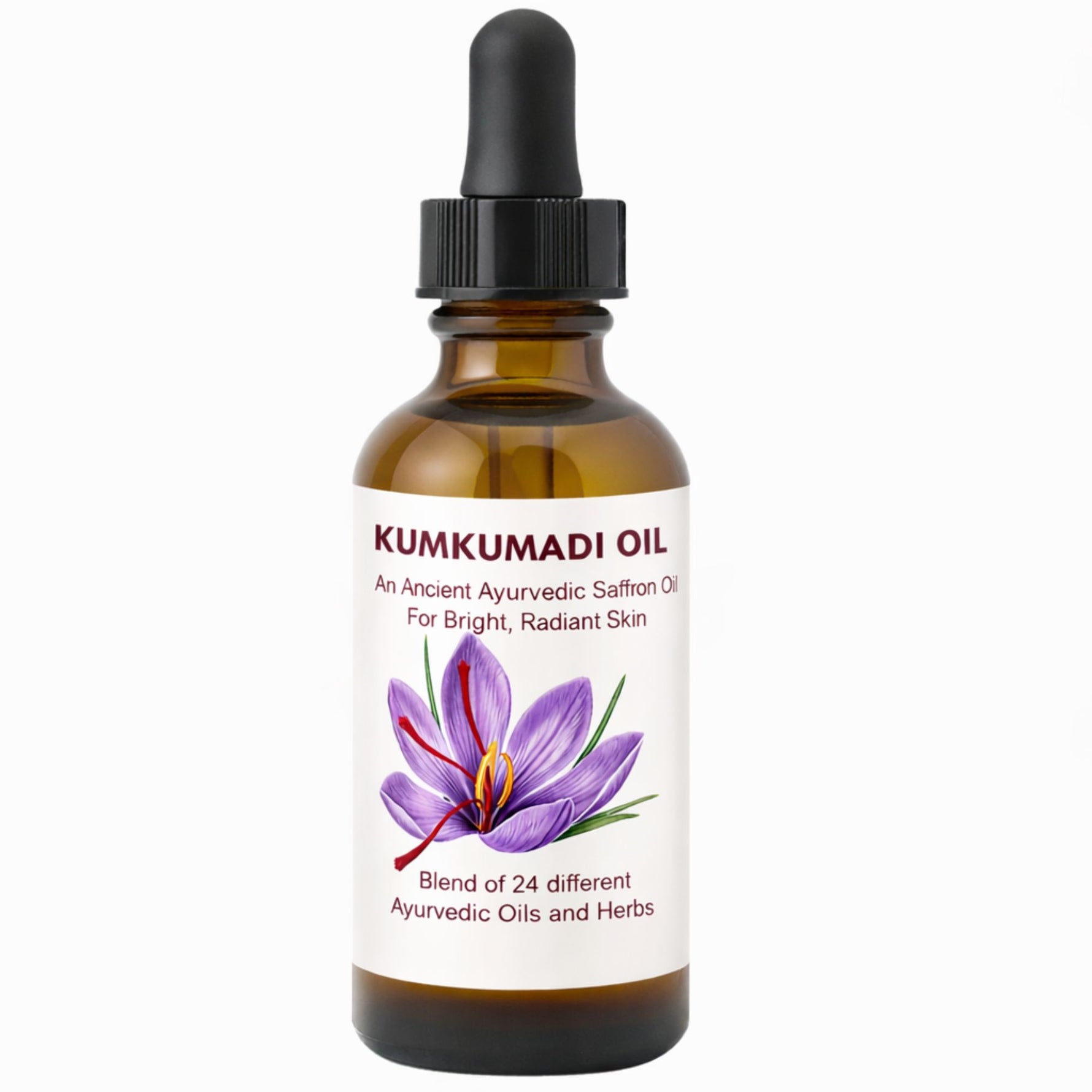 Bottle of Kumkumadi oil with a dropper on a white background