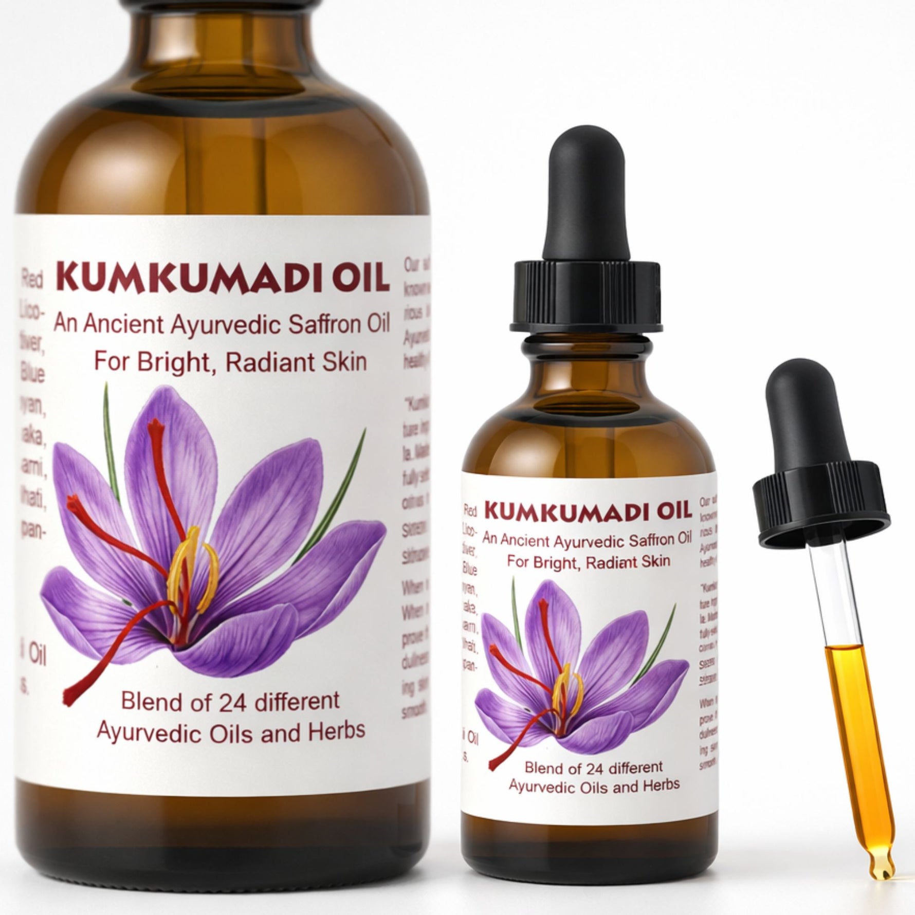 Two bottles of Kumkumadi Oil with a dropper on a white background
