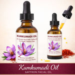 Two bottles of Kumkumadi Oil with saffron flowers and oil droplets on a beige background.