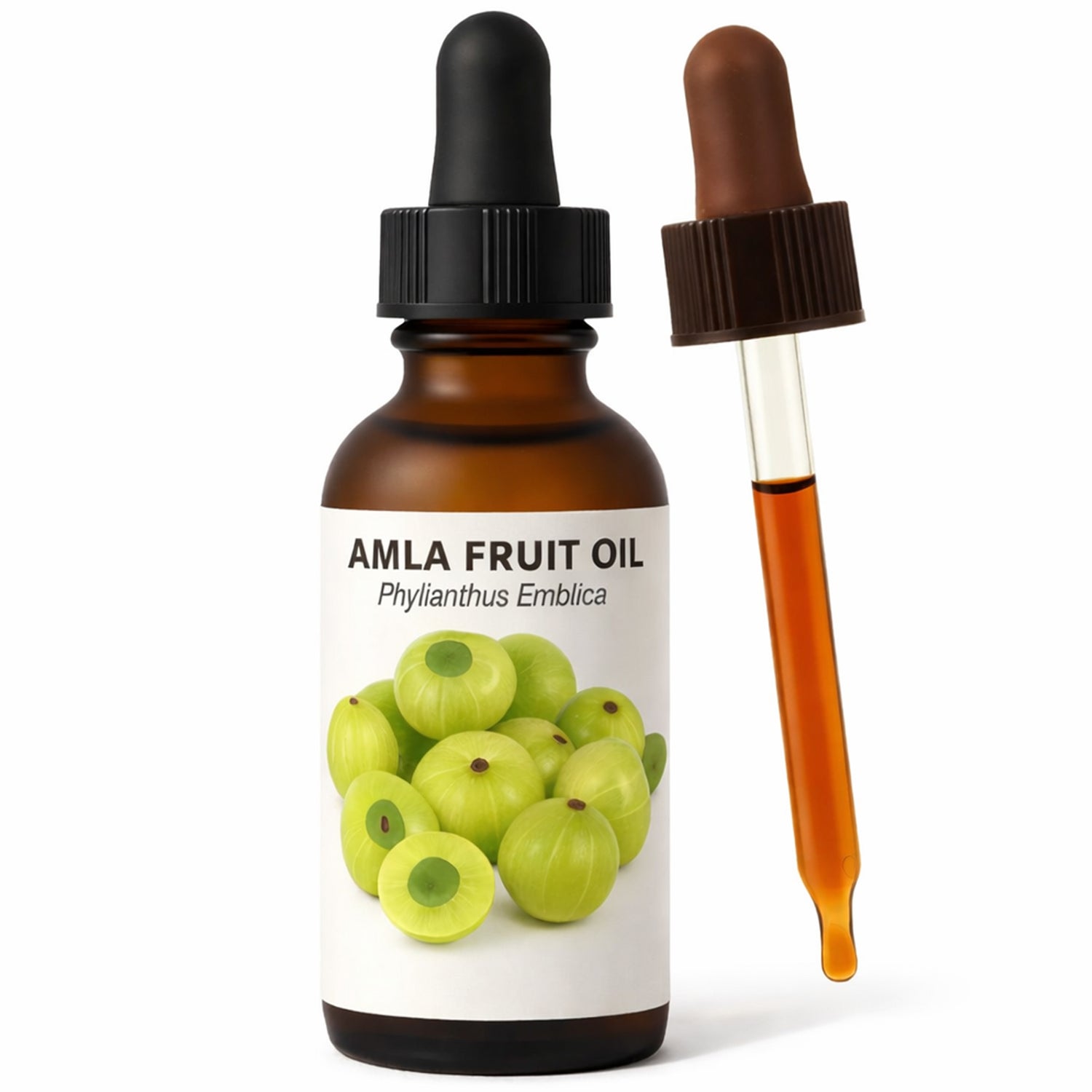 Amla fruit oil dropper bottle with a white label featuring green fruits on a white background.