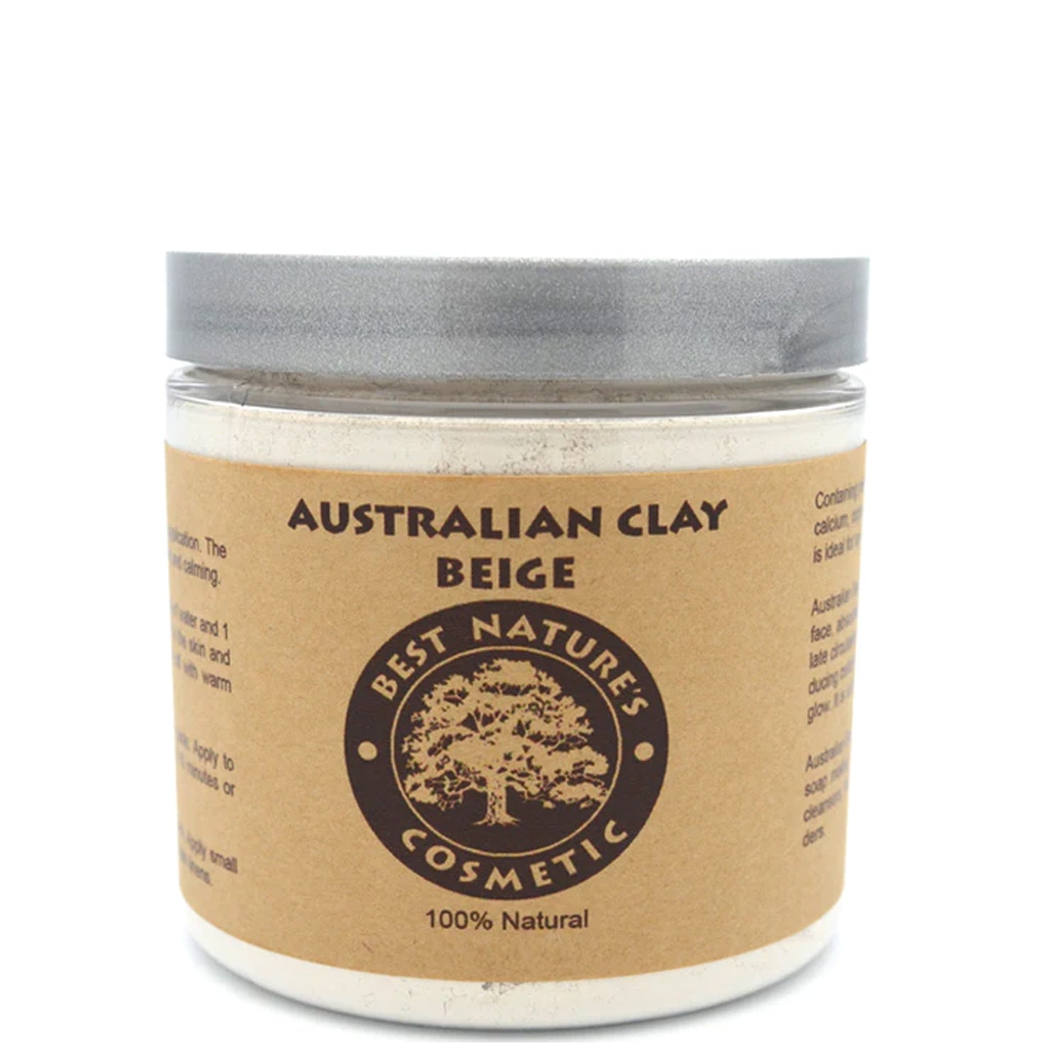 A container of Australian Beige Clay by Best Natures Cosmetic, labeled as 100% natural.