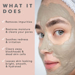 Person applying a bentonite clay describing its benefits on the left.