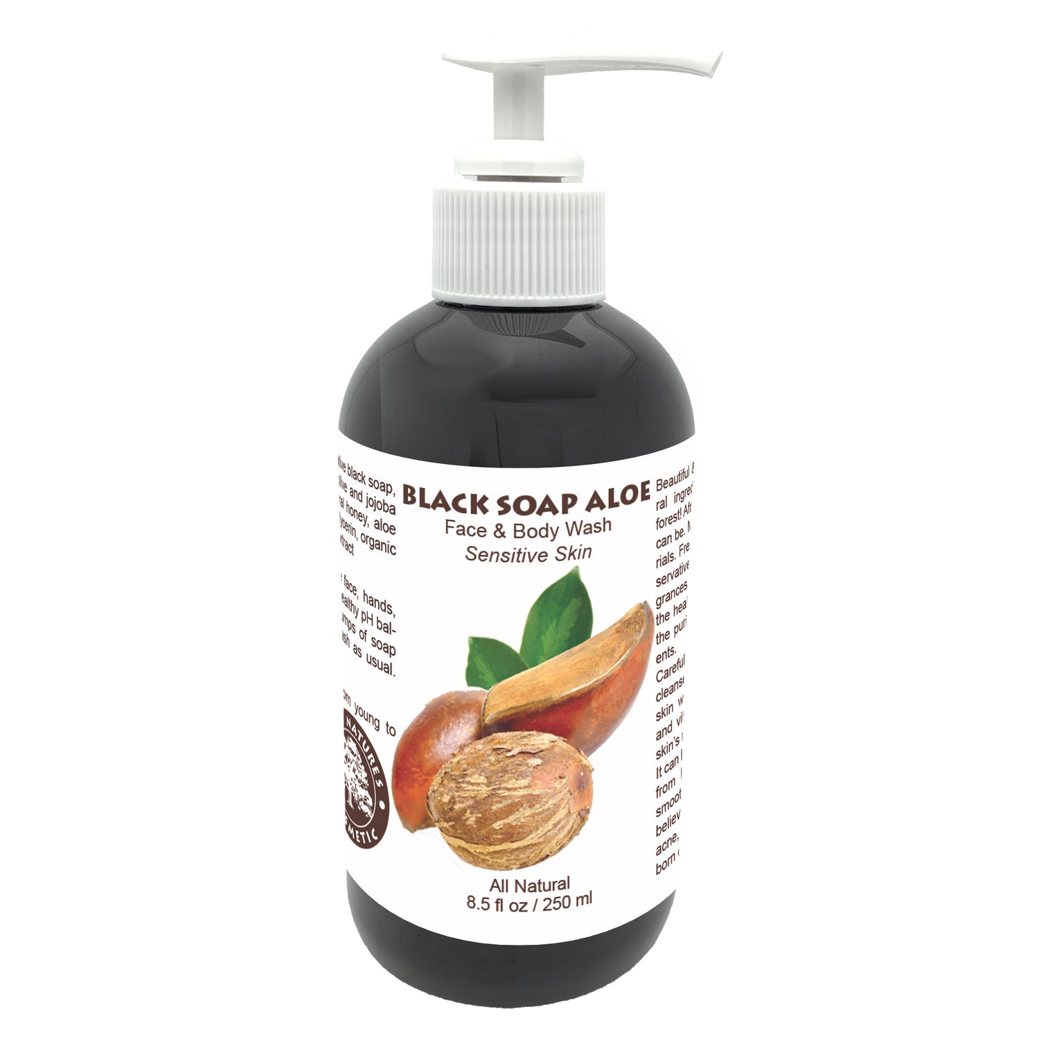 Black Soap Aloe wash, soap for face and body wash, sensitive skin, with an image of aloe vera and nuts on the label.
