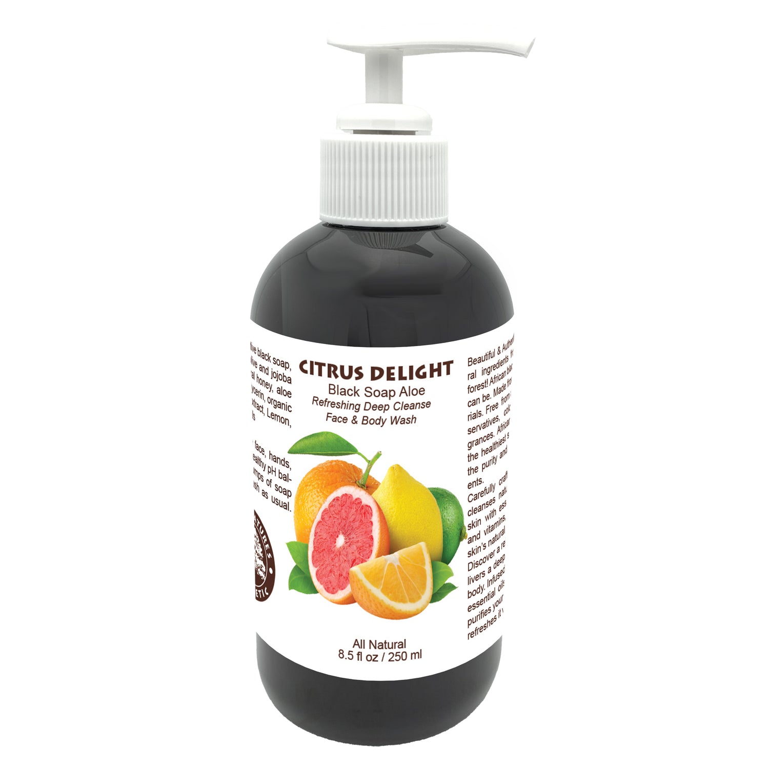 A plastic bottle with a pump dispenser labeled 'CITRUS DELIGHT Black Soap Aloe' indicating it is an face and body wash product.