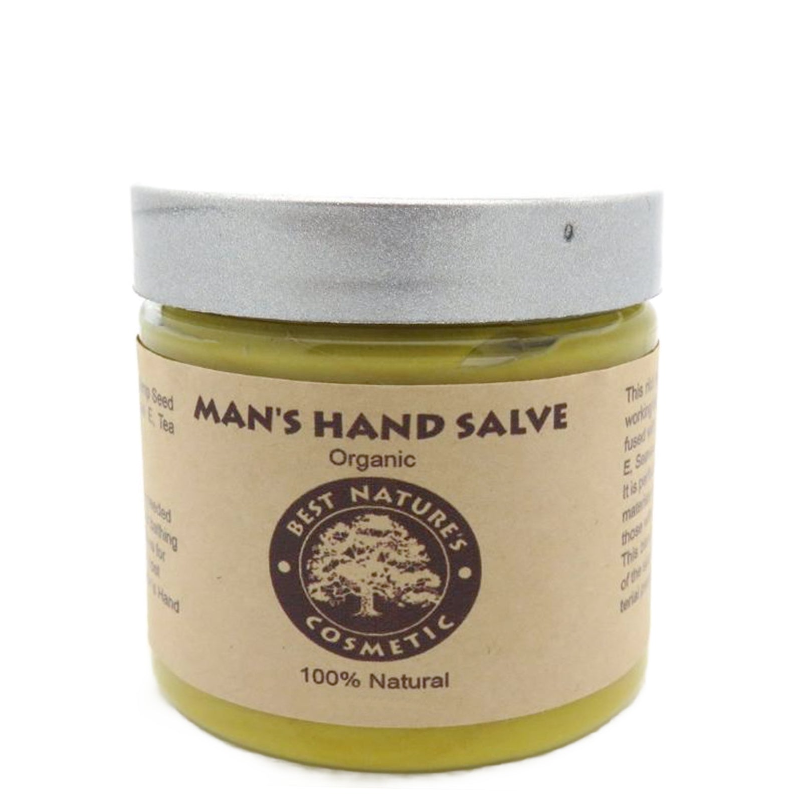 A jar of organic man's hand salve with a label that reads 'Man's Hand Salve, Organic, Best Natures Cosmetic, 100% Natural'. The jar is transparent, showing a yellowish salve inside.