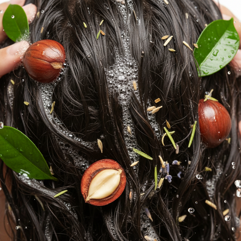 natural women washing hairs show macro ad a few batana and other botanical white background