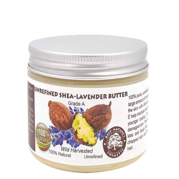 Unrefined shea-lavender butter jar with label on a white background