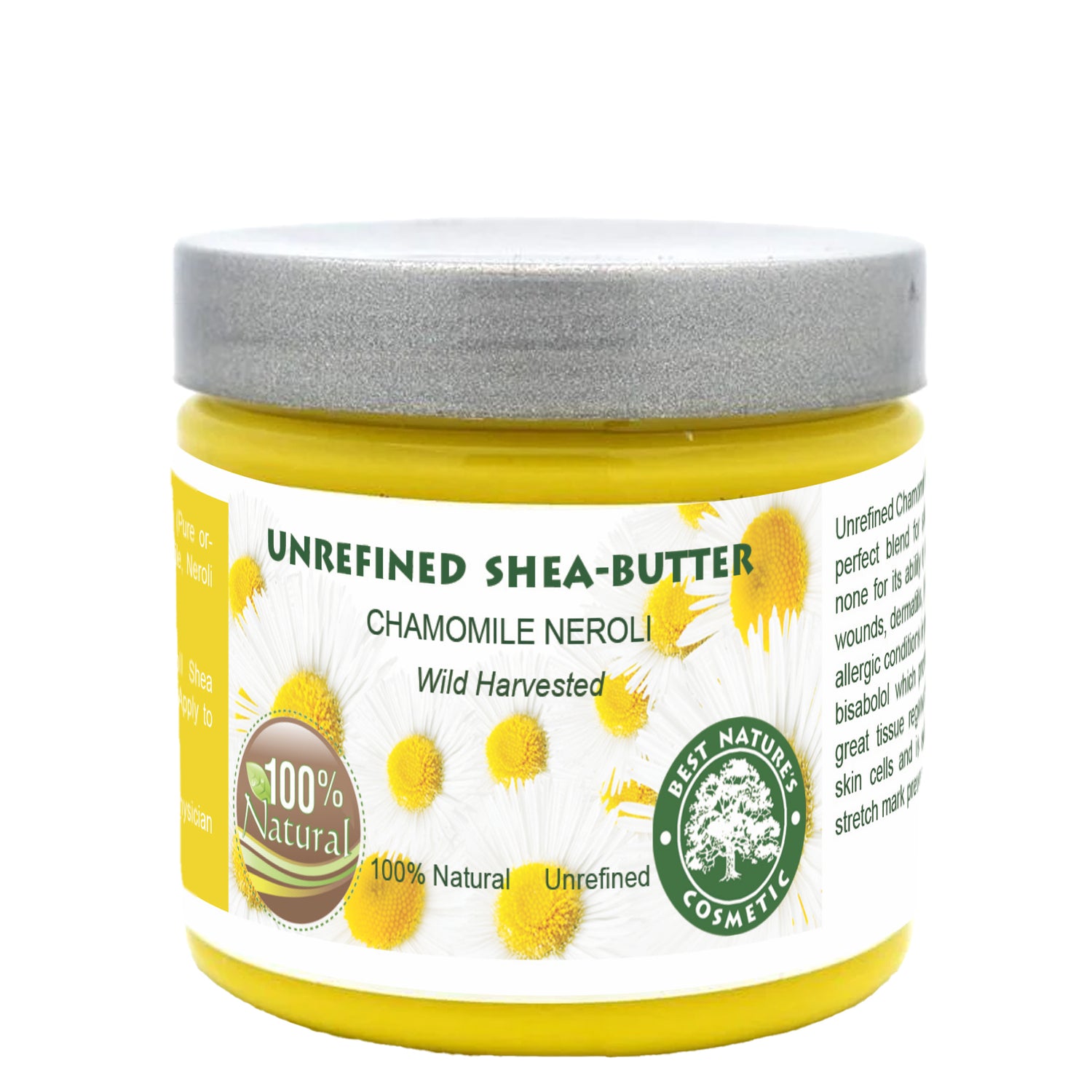 A yellow jar of Unrefined Shea Butter with Chamomile Neroli, labeled as 100% natural, dermatologist tested, and cruelty-free.