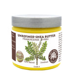 A jar of unrefined shea butter labeled as Frankincense Myrrh with illustrations of shea nuts and plants, indicating it is 100% natural and unrefined.
