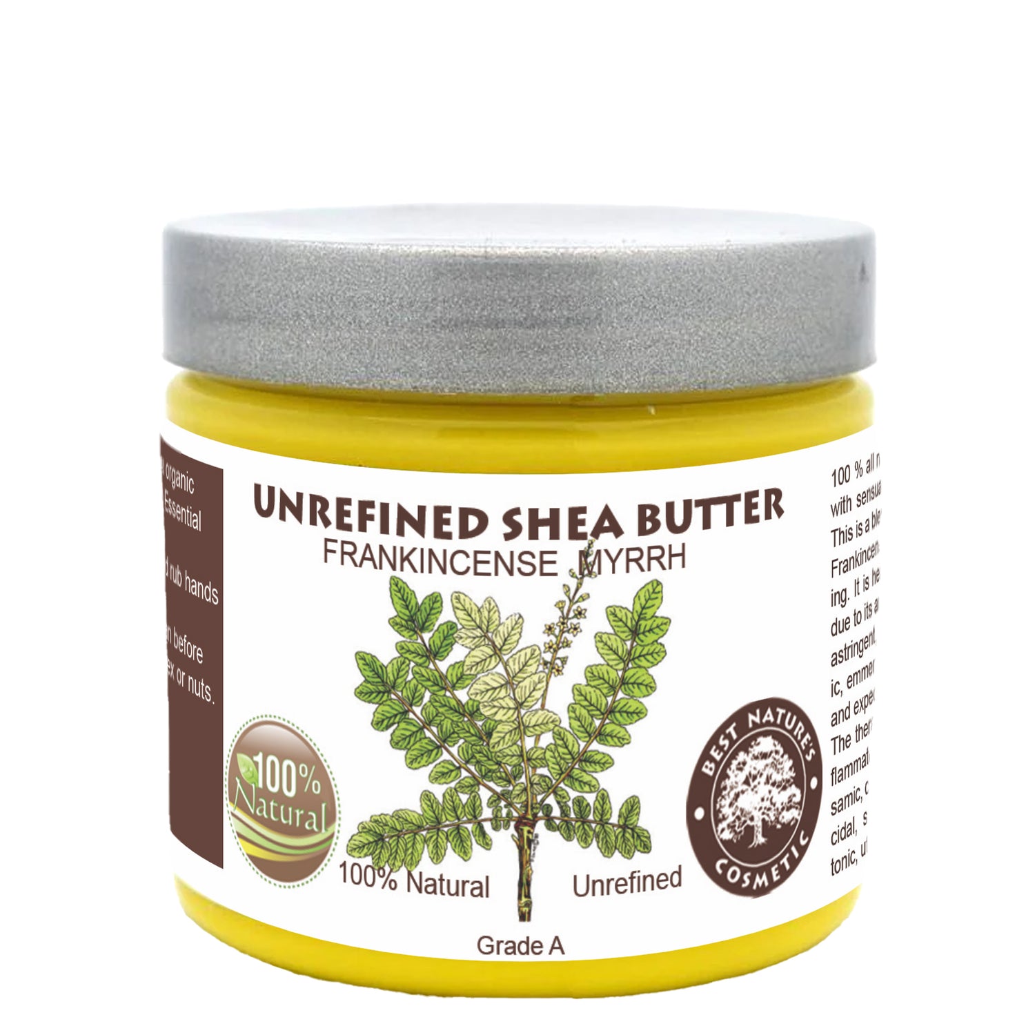 A jar of unrefined shea butter labeled as Frankincense Myrrh with illustrations of shea nuts and plants, indicating it is 100% natural and unrefined.
