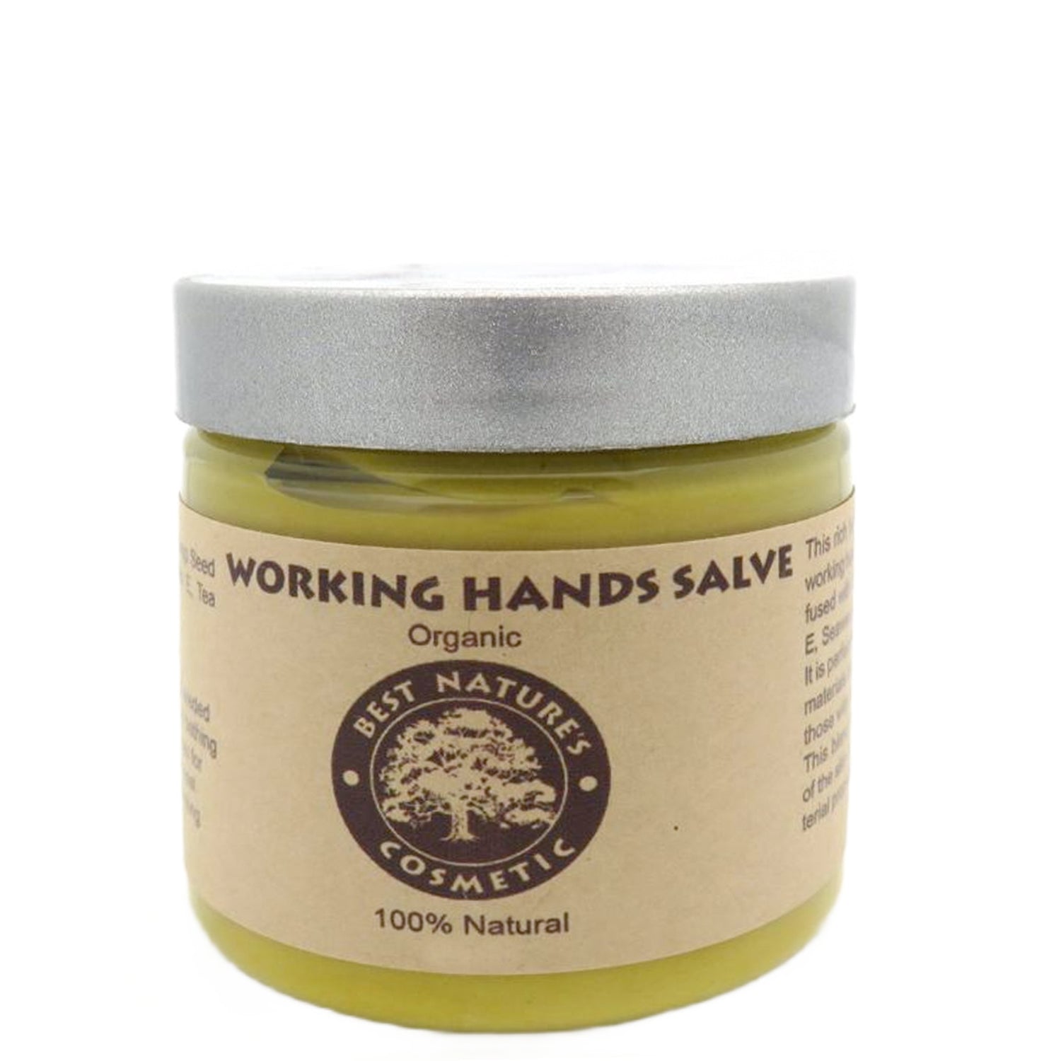 A jar of Organic Working Hands Salve by Best Natures Cosmetic. The salve is in a clear jar with a silver lid, and the label on the jar indicates that it is organic and 100% natural.