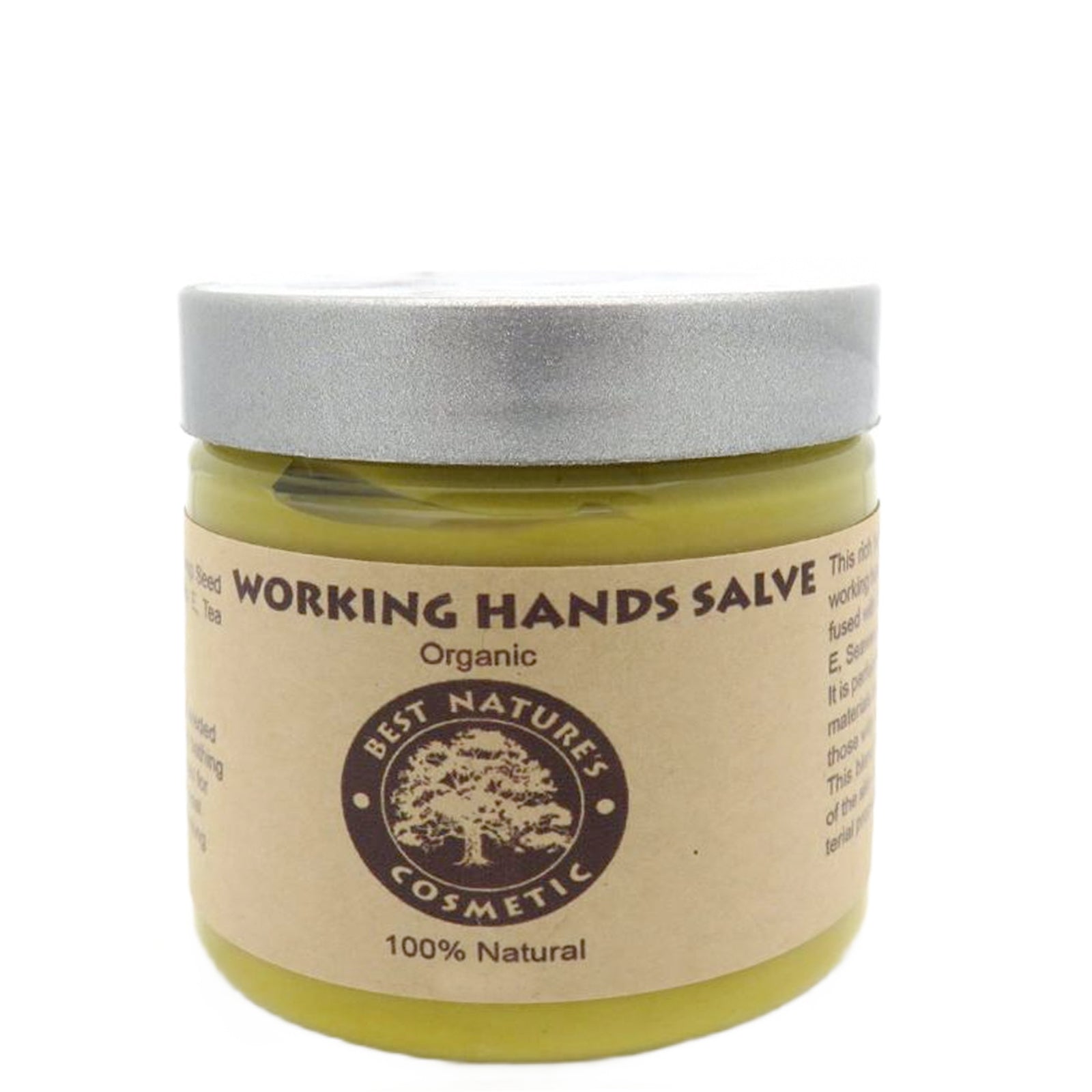 A jar of Organic Working Hands Salve by Best Natures Cosmetic. The salve is in a clear jar with a silver lid, and the label on the jar indicates that it is organic and 100% natural.