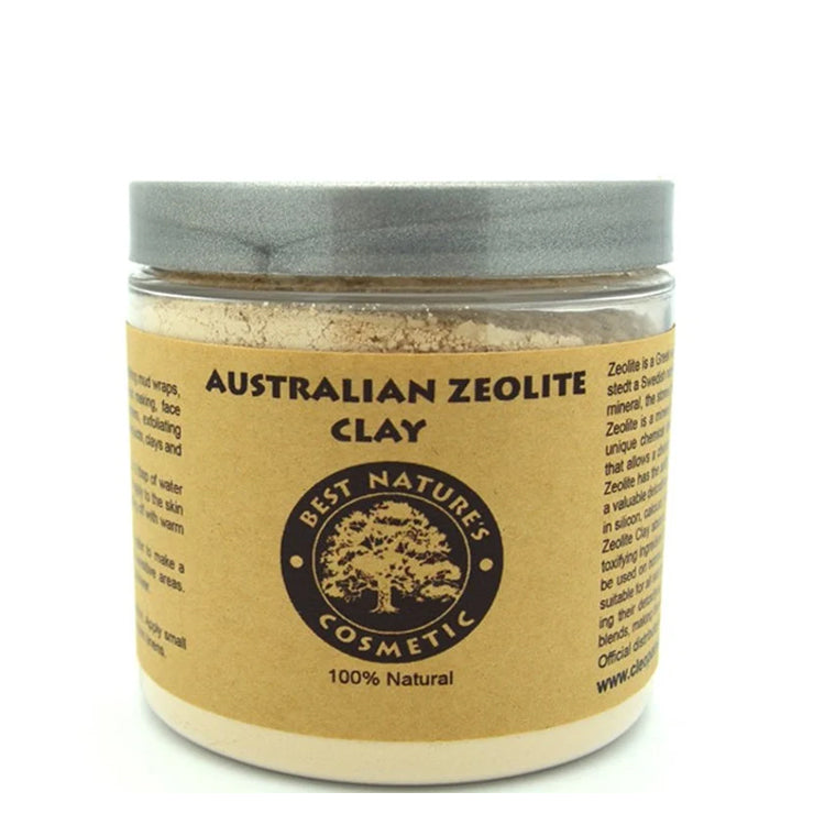 Jar of Australian Zeolite Clay with a brown label on a white background